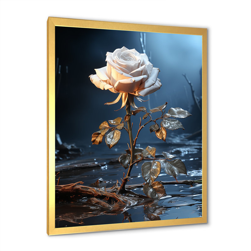 «Moonlit Flower Serenity Blooms III - Rose», art mural, Cadre doré simple, H 32 po x l 16 po x P 1 po