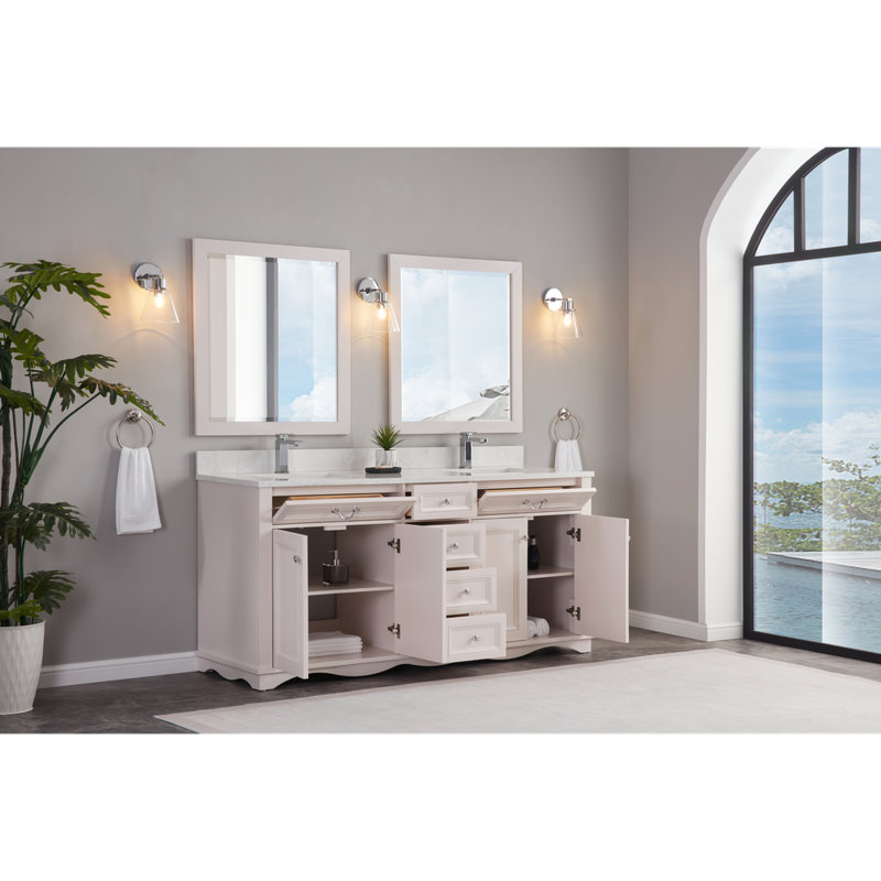 72" Solid Wood Sink Vanity  With 1' Artificial Stone Top, Dreamy White