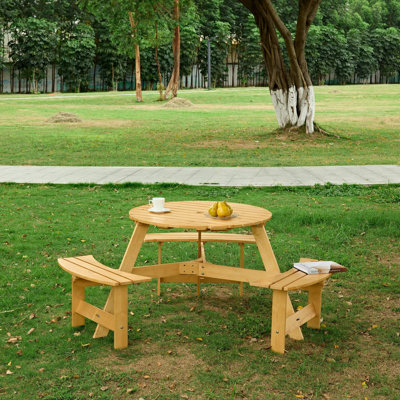 Table de pique-nique ronde ronde pour 6 personnes avec bancs intégrés et trou pour parasol - Patio, jardin, cour arrière