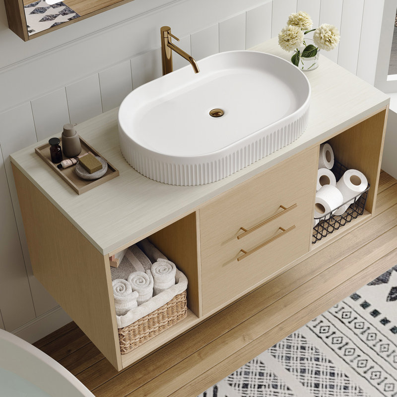 Meuble-lavabo mural contemporain de 39,3 po avec lavabo ovale en céramique, tablette ouverte et drain réglable avec salle de bain