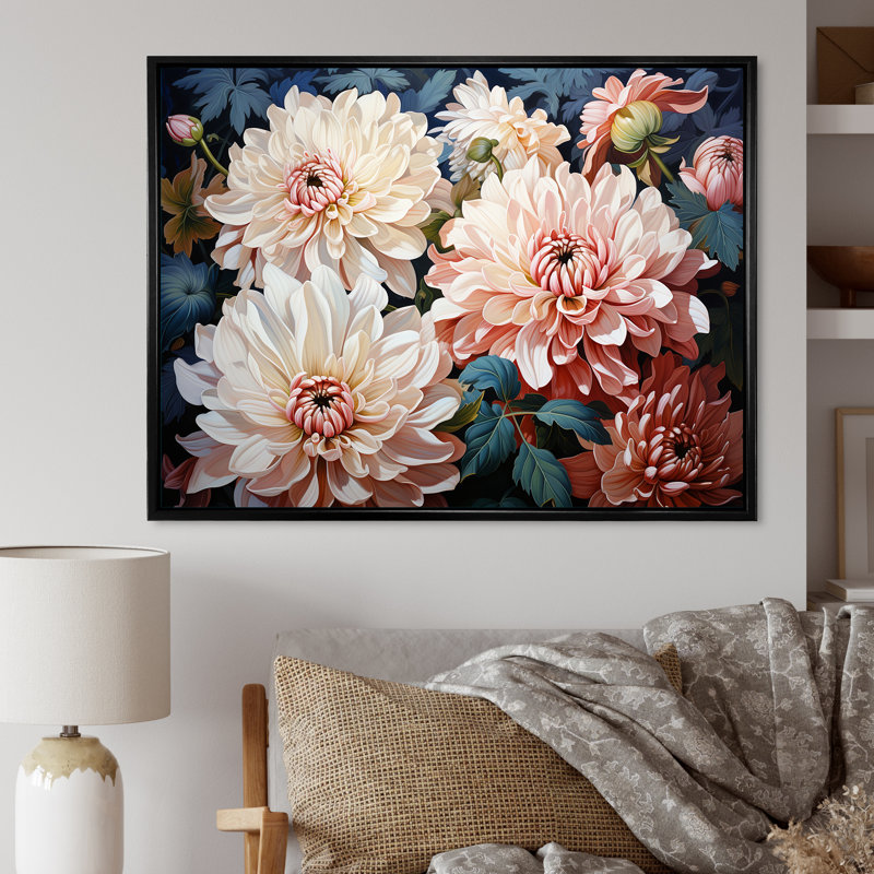 Chrysanthèmes rose et blanc collage I - décoration murale de chrysanthèmes, Cadre flottant noir, H 34 po x l 44 po x P 1,5 po