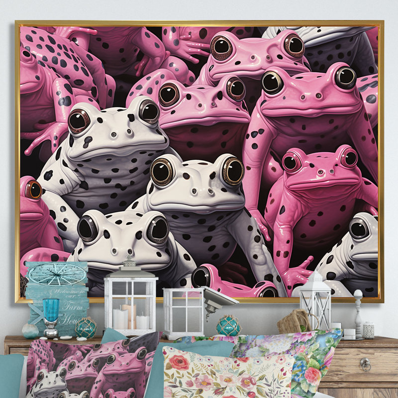 Grenouille blanche et rose Pop Art, Cadre flottant doré, H 12 po x l 20 po x P 1 po