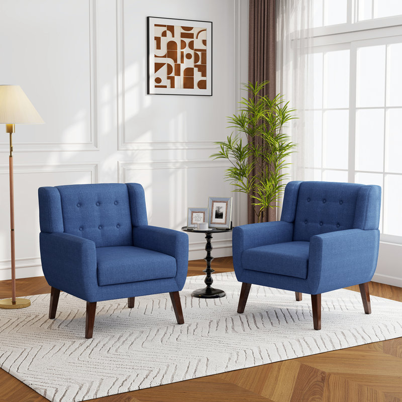 Stephanny 27.5" Wide Tufted Armchair with Solid Wood Legs, Blue Linen Blend