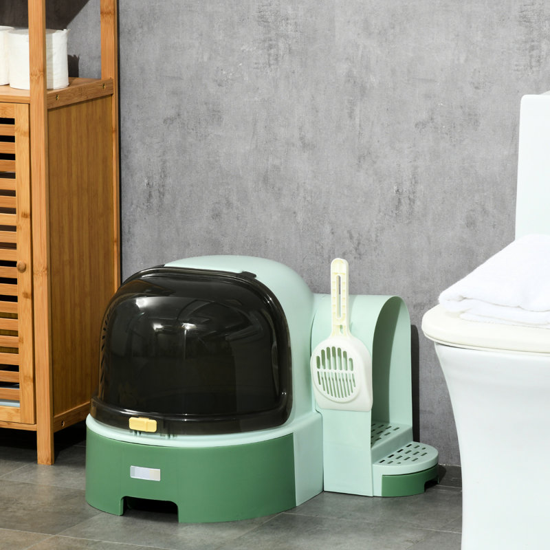 Bac à litière en plastique avec couvercle, façade ouvrable pour un nettoyage facile, grande porte latérale pour faciliter les déplacements du chat, plateau amovible pour les déjections, design sur le thème de l'espace pour plus de sécurité, désodorisant intégré, idéal pour les chatons