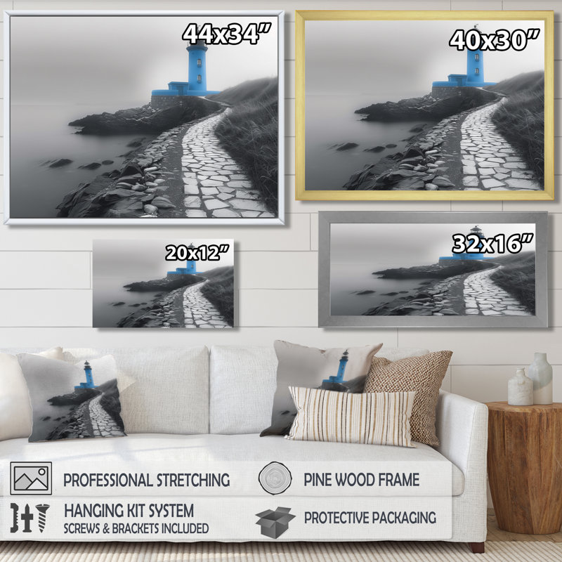 Photo de phare monochrome bleu en hiver II - phares, art mural, Cadre flottant doré, H 12 po x l 20 po