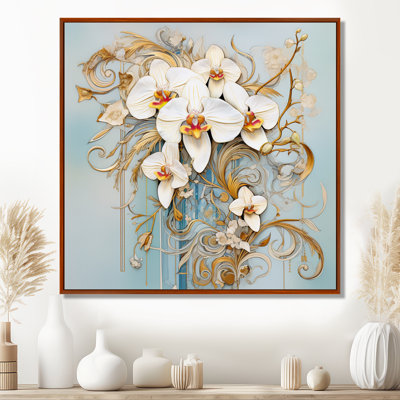 Orchidées blanches Art Nouveau ornementales feuilles d'or - art mural orchidée