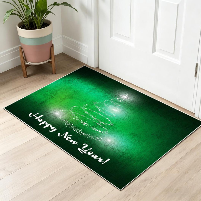 Tapis d'intérieur vert lavable à la machine, motif sapin de Noël et bonne année, Rectangle 39 po x 63 po