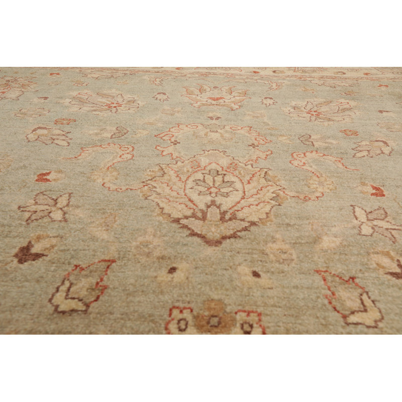 Tapis beige en laine noué à la main de conception unique 7 pi 9 po x 10 pi Galja