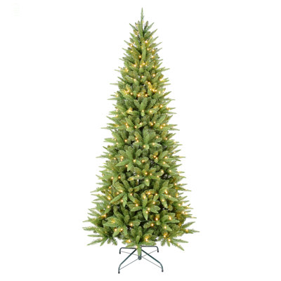 Arbre de Noël mince de 8 pi avec 500 lumières DEL chaudes - 1612 pointes en PE + PVC, conception à charnières peu encombrante, installation facile, support en métal robuste - arbre à crayons réaliste pour les petits espaces