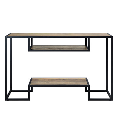 Black & Oak Table With Metal Frame And Storage Shelves In Rustic Finish Style 2