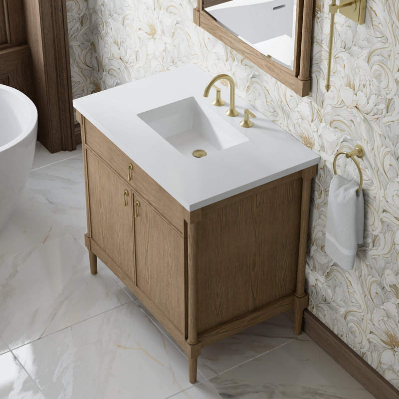 Kinnsden 36" W Single Vanity, White Zeus Silestone, 8" Widespread, Weathered Oak