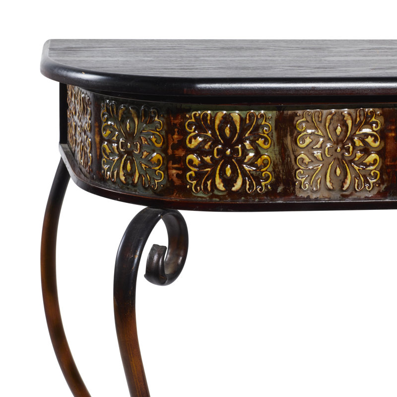 Metal Embossed 1 Shelf Floral Console Table with Ornate Scroll Legs