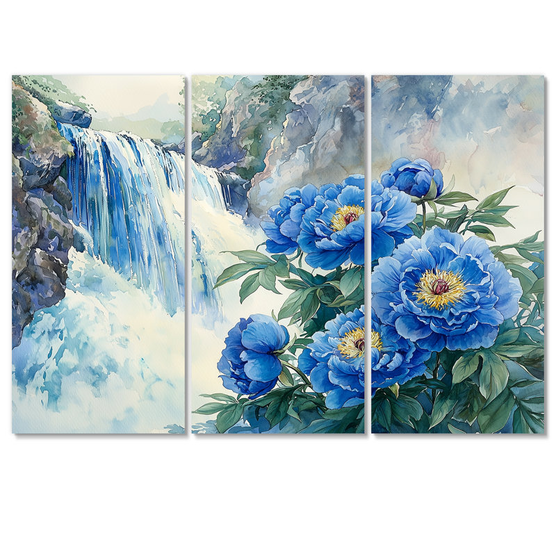 Pivoines par la cascade II - art mural pivoines - 3 panneaux, H 28 po x l 36 po, Toile tendue, Ne s’applique pas