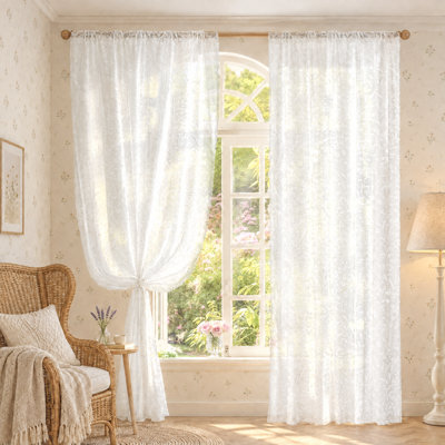 Kitchen Sheer Curtains 90 Inch Length 2 Panels Rustic Floral Cottagecore Lace Curtains for Girls Bedroom, Rod Pocket Light Filtering Privacy Sheer Window Drapes, 52 x 90 Inch, Ivory White