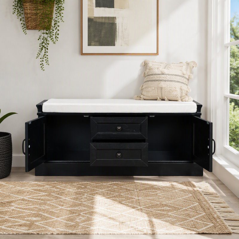 Banc de rangement avec tiroirs, armoires et coussin en velours, Noir