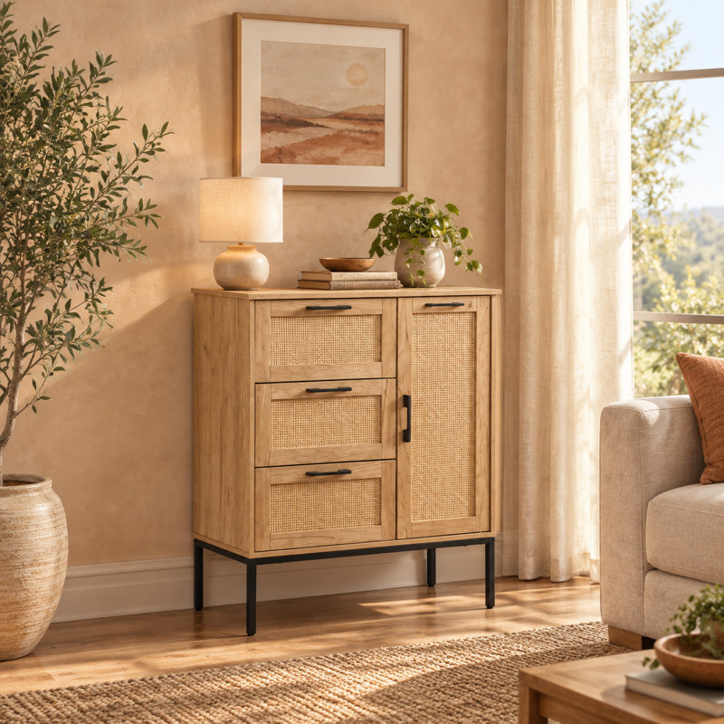 27.6" Natural Accent Cabinet with 3 Drawers, Rattan Door and Adjustable Shelves