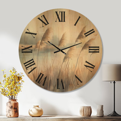 Lakeside Reed Grass I - Beige Boho Decorative Wall Clock, Printed on Wood