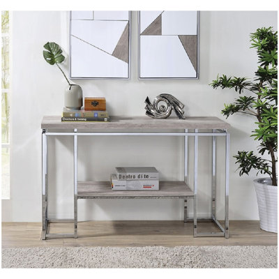 Modern Contemporary Sofa Table Natural Oak Living Room Furniture 1pc Chrome Finish Frame Console Table