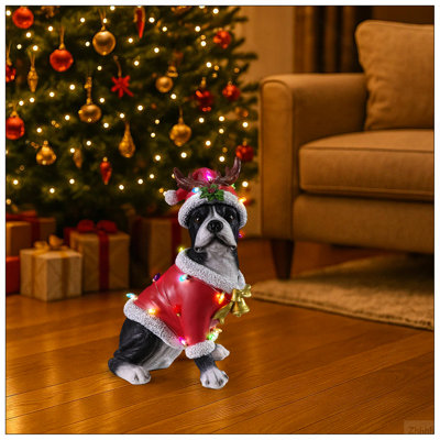 Statue de Noël terrier de Boston, figurine de chien des Fêtes en tenue de père Noël