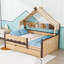 Lit en bois en forme de maison avec lit gigogne simple et bibliothèque-1379101190-1379101192