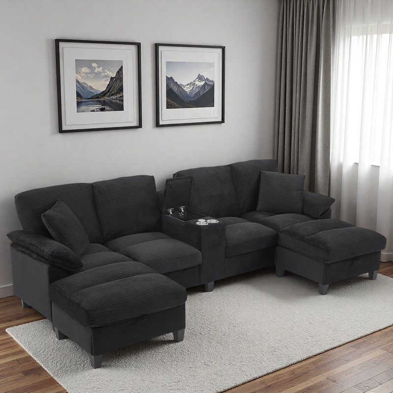 Canapé modulaire moderne en forme de U avec porte-gobelets, ports USB et repose-pieds avec rangement, Velours côtelé noir