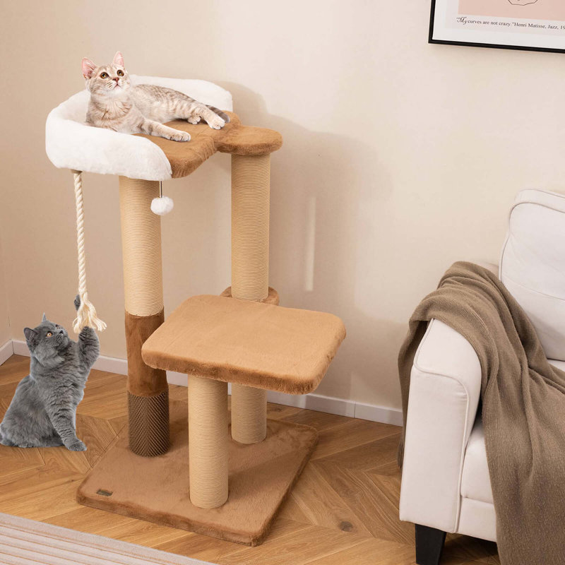 44" Caramel and White Sisal Cat Tree with Faux Fur Perch