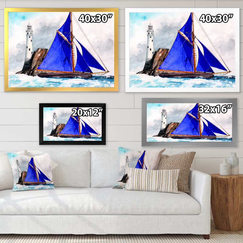 Voilier avec voiles bleues dans une mer orageuse - reproduction sur toile, H 34 po x l 44 po