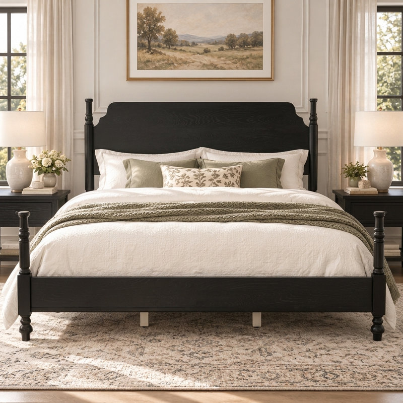 Lit traditionnel avec tête de lit et cadre en bois Preston, Lit double, Dark Walnut