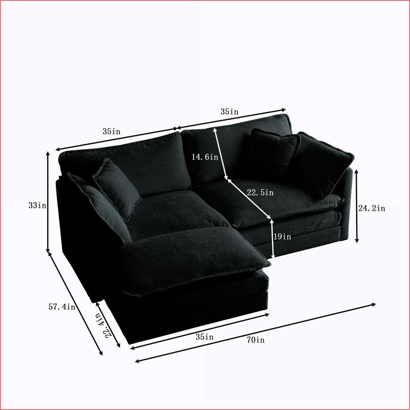 Canapé modulaire, canapé en L 2 places avec repose-pieds, causeuse modulaire pour petits espaces | Noir | Chenille