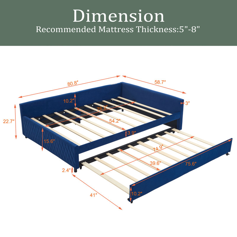 Lit de jour rembourré avec lit gigogne, structure de lit en bois robuste, conception de grille de diamant moderne, pour chambre à coucher, chambre d'amis
