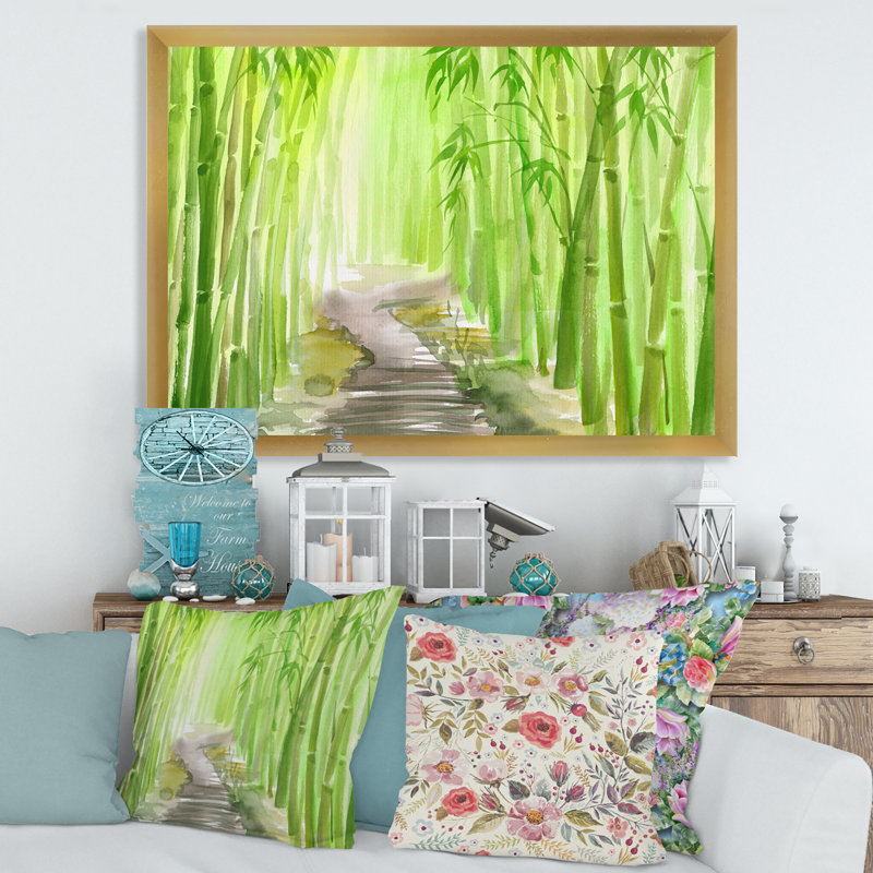 Vert forêt de bambou - reproduction sur toile, H 30 po x l 40 po x 1,5 po, Toile encadrée d'or