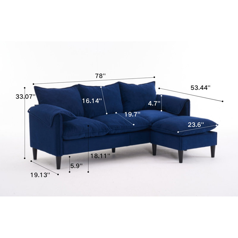 Canapé modulaire en L à 3 places convertible avec repose-pieds, Tissu bleu