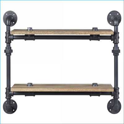 Industrial 2-Tier Wall Shelf, Oak & Sandy Black | Wood+Metal | Open Back
