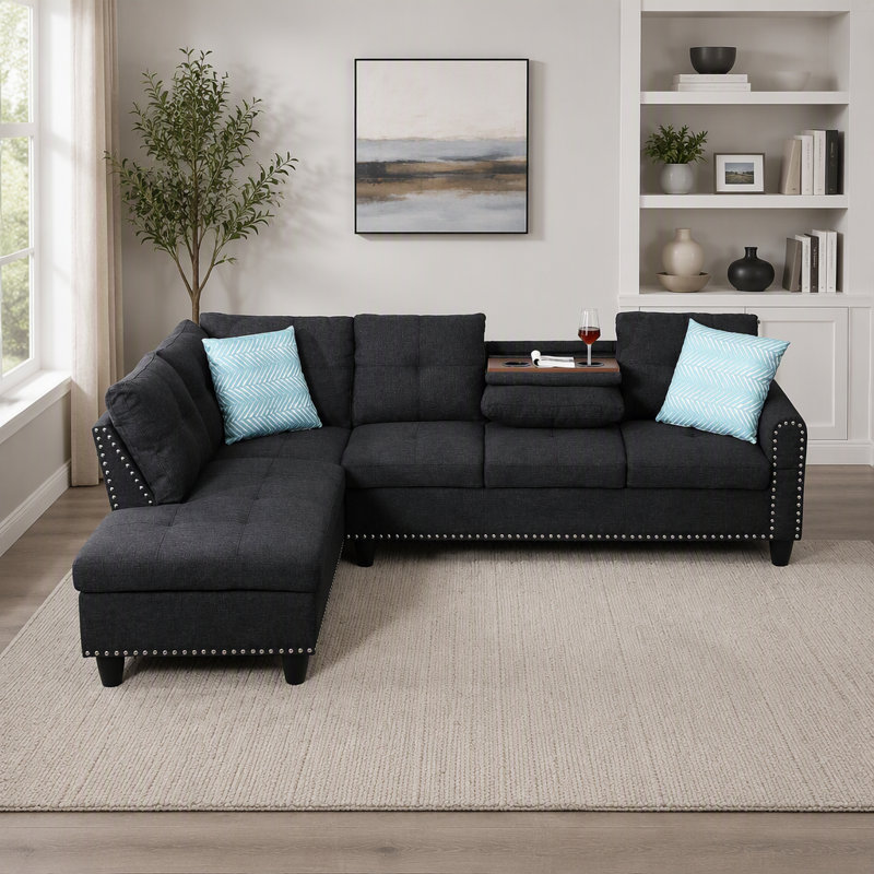 Canapé d'angle 2 pièces orné de rivets, idéal pour les soirées cinéma, avec porte-gobelets escamotables et pouf de rangement