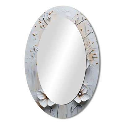 White And Black Blooming Petunia's Charm - Floral Oval Decorative Mirror On Metal