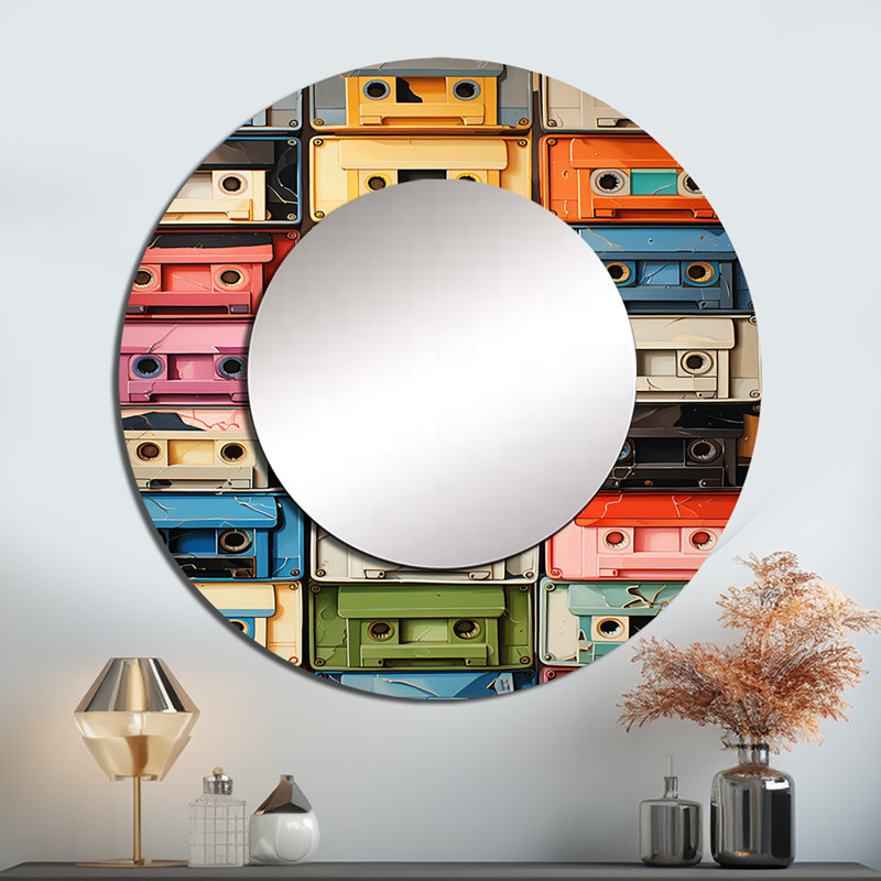 Popart Cassette Tapes X - Miroir décoratif à cassettes, miroir mural rond moderne, impression d'art en métal, 36 po x 36 po