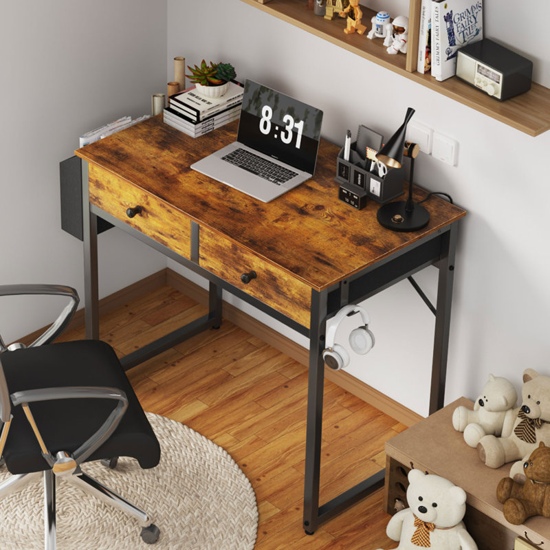 Small Computer Desk Home Office Desk With 2 Drawers, Brown/Black