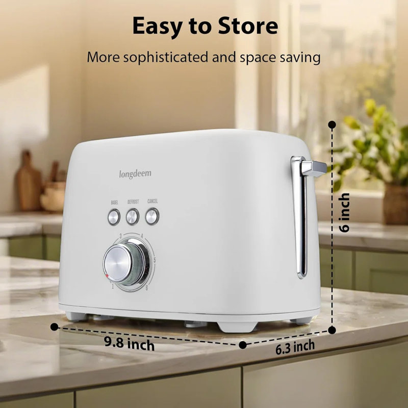 Longdeem 2-Slice Toaster 1.5" Extra Wide Slot Stainless Steel With High Lift Lever, 6 Presets & Bagel/Defrost/Cancel Function, Removal Crumb Tray, Under Base Cord Storage, White