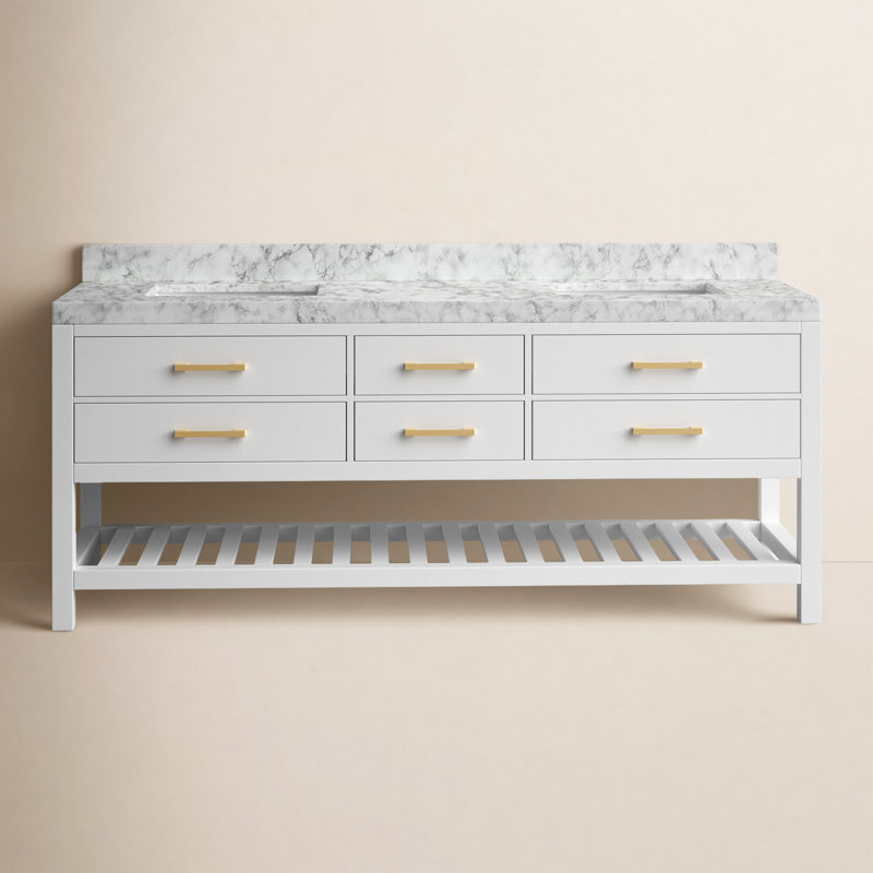 Carrie 72'' Double Bathroom Vanity with Carrara Marble Top, White| Brushed Nickel