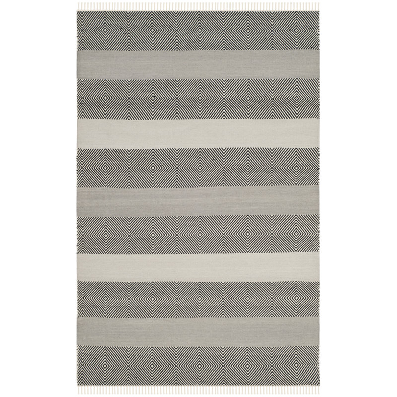 Tapis rayé gris / noir en laine / coton tissé à la main Liara, Rectangle de 5 pi x 8 pi