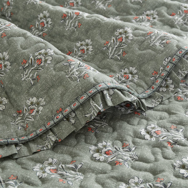 Ensemble de courtepointe à volants 3 pièces, vert sauge, Queen Quilt + 2 Shams