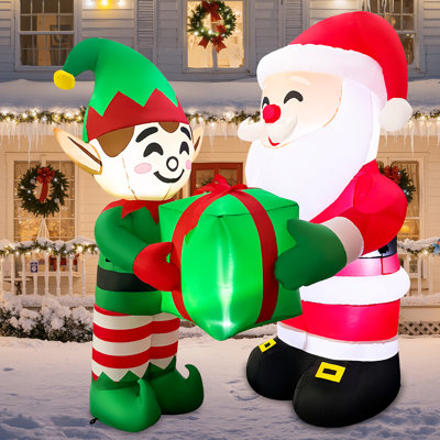 5 FT Christmas Inflatable Santa and Elf Holding Present with Bulit-in LED Lights