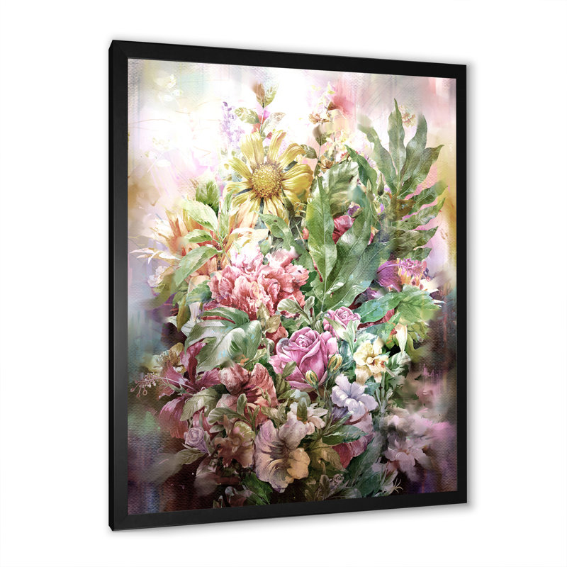 Grunge rose gris fleurs d'été VI - œuvre d'art traditionnelle sur toile, H 20 po x l 12 po x P 1 po, Cadre photo noir