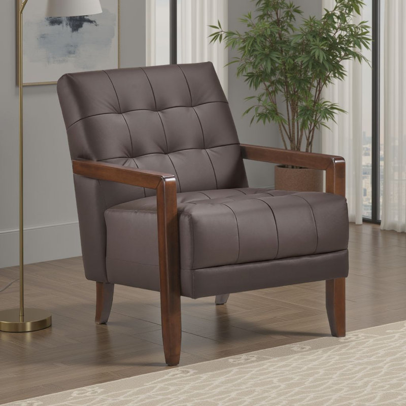 Fauteuil Lenie, cuir capitonné, bois de noyer, Marron foncé
