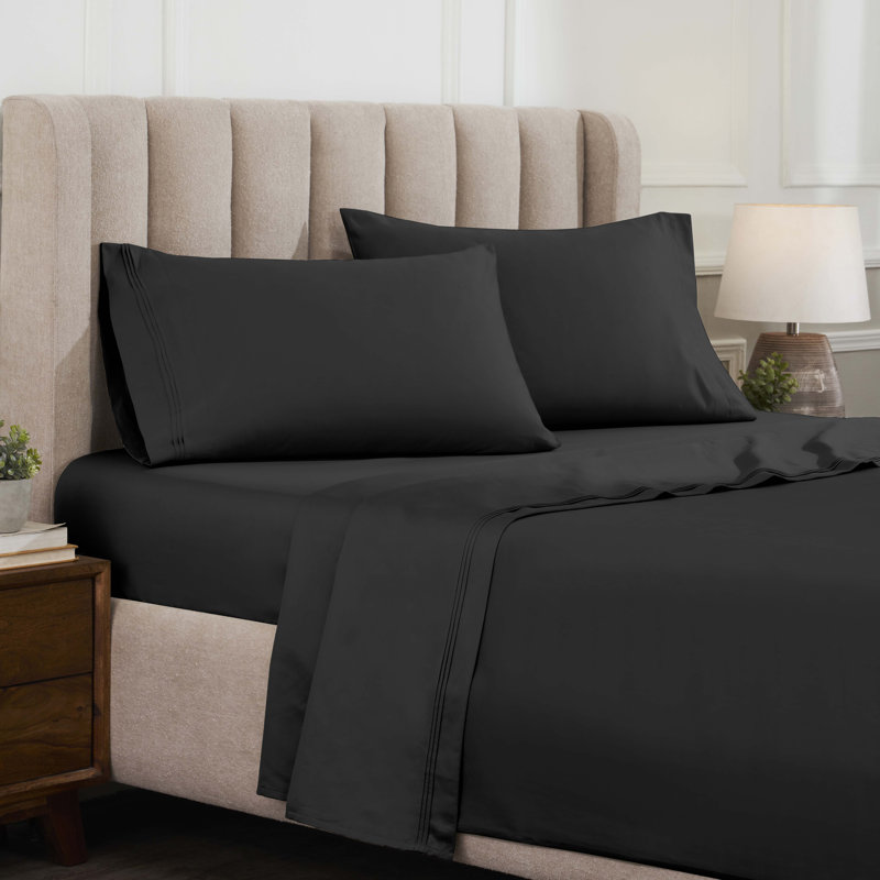 Certified Egyptian Cotton Deep Pocket Solid Luxury 1500 Thread Count Sheet Set, Ensemble de draps pour lit double, Noir