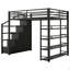 Lit mezzanine double en métal avec tablettes de rangement, armoires et garde-robe