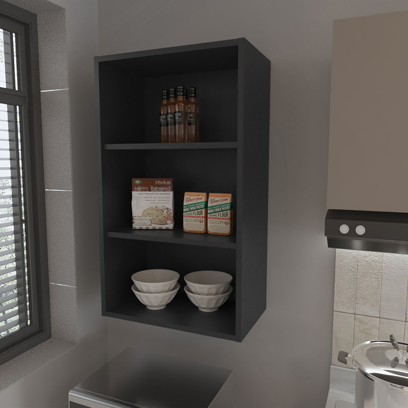 Guadalupe Wall Cabinet In Melamine With Open Storage, Black, Black
