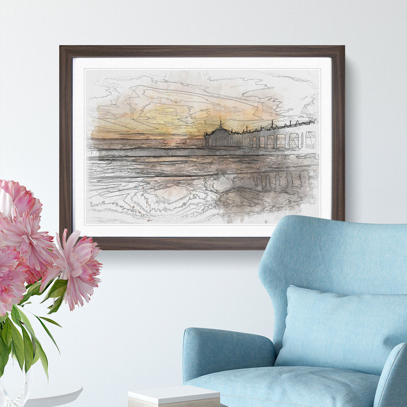 Sunset Behind the Pier Sketch - Picture Frame Graphic Art Print, 62cm H x 87cm W x 2cm D, Walnut Framed