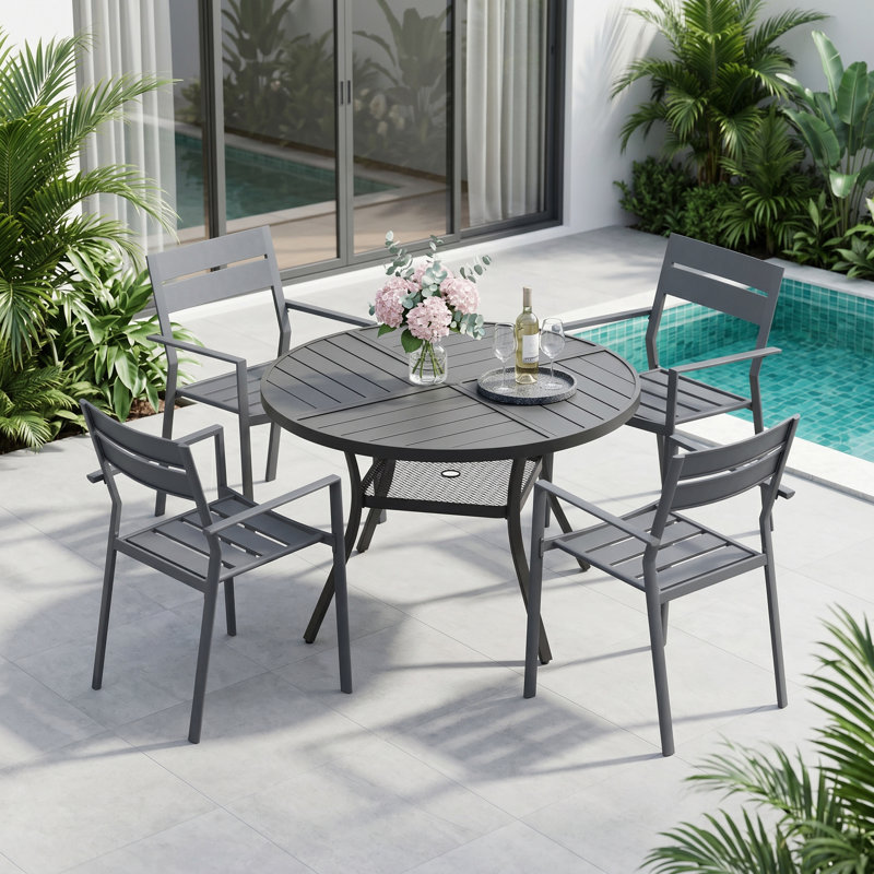 Ensemble de salle à manger de patio 4 personnes avec chaises empilables, Noir/gris