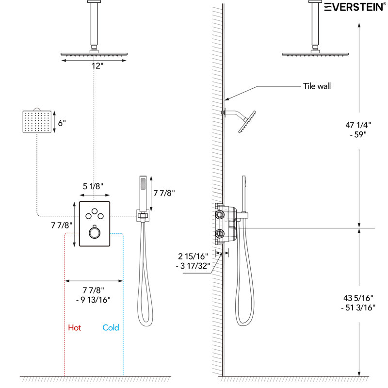 Robinet de douche à pluie haute pression de plafond de 12 po, système de pomme de douche à double effet de pluie avec valve thermostatique